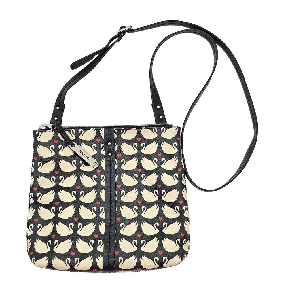 Relic Caraway Swan Pattern Crossbody Bag Womens Black Ivory Adjustable Strap